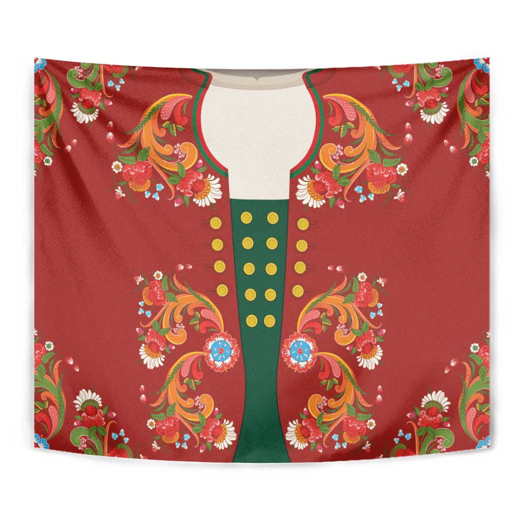 Norwegian Male Bunad Tapestry with Rosemaling Folk Art Red Color - Wonder Print Shop