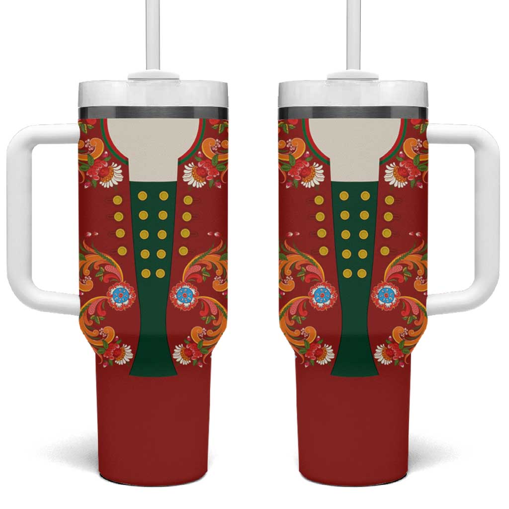 Norwegian Male Bunad Tumbler With Handle with Rosemaling Folk Art Red Color - Wonder Print Shop