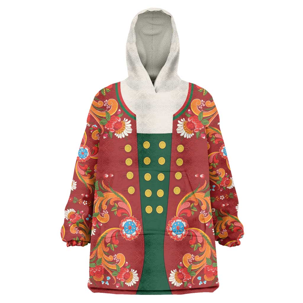 Norwegian Male Bunad Wearable Blanket Hoodie with Rosemaling Folk Art Red Color - Wonder Print Shop
