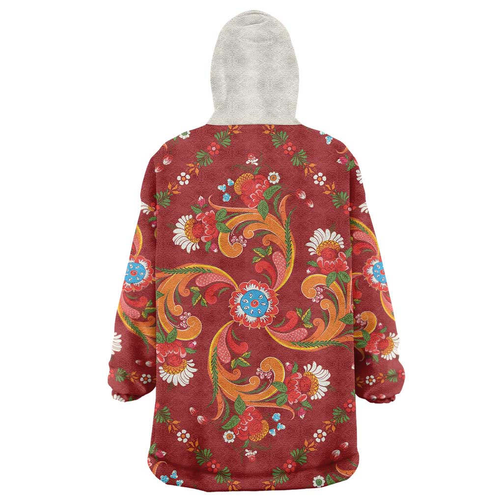 Norwegian Male Bunad Wearable Blanket Hoodie with Rosemaling Folk Art Red Color - Wonder Print Shop