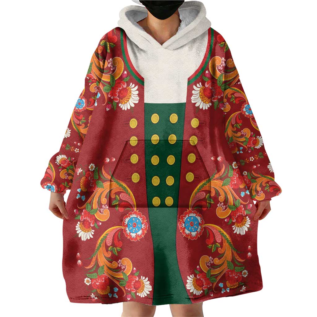 Norwegian Male Bunad Wearable Blanket Hoodie with Rosemaling Folk Art Red Color - Wonder Print Shop