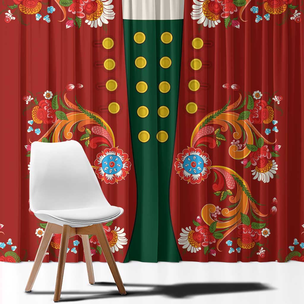 Norwegian Male Bunad Window Curtain with Rosemaling Folk Art Red Color - Wonder Print Shop