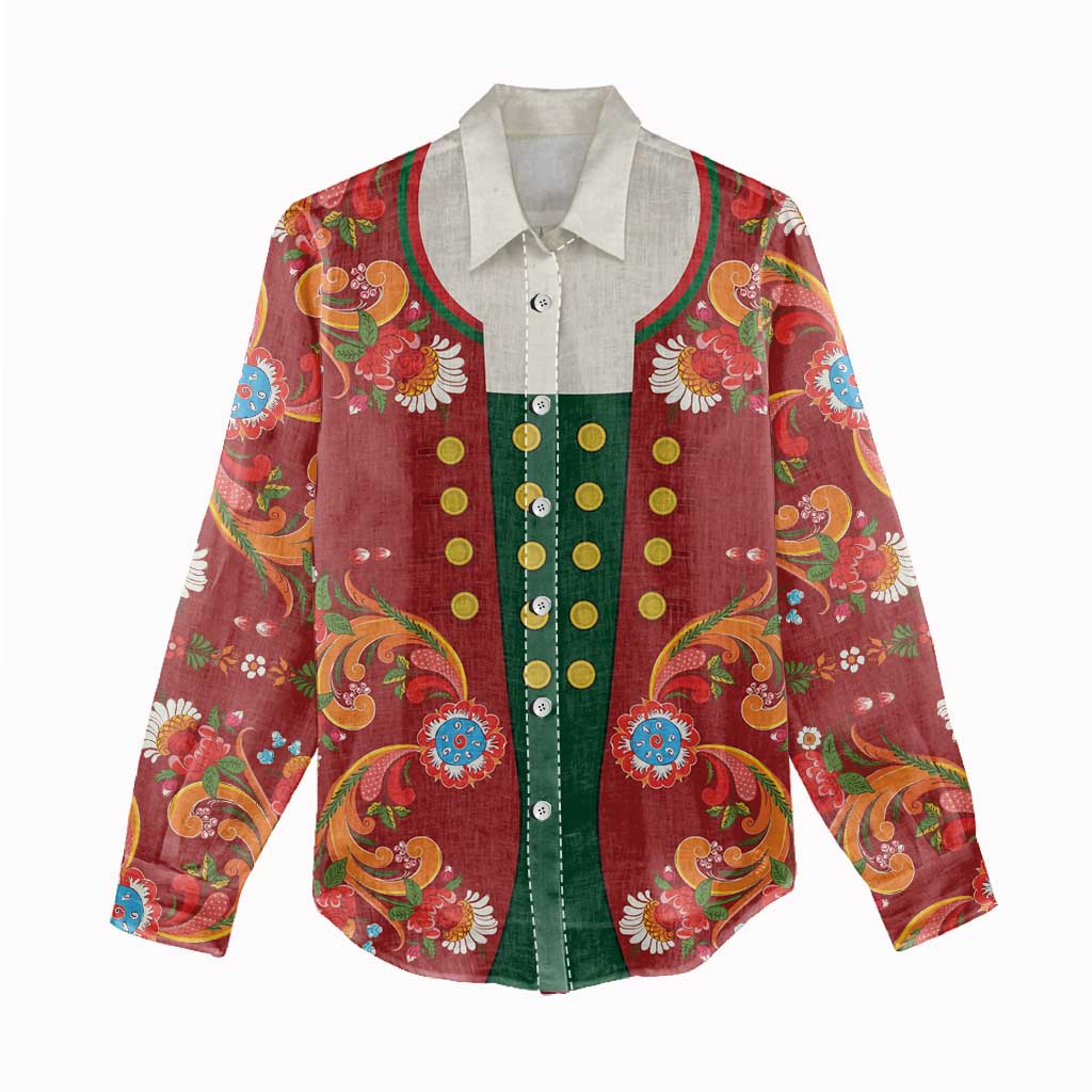Norwegian Male Bunad Women Casual Shirt with Rosemaling Folk Art Red Color - Wonder Print Shop