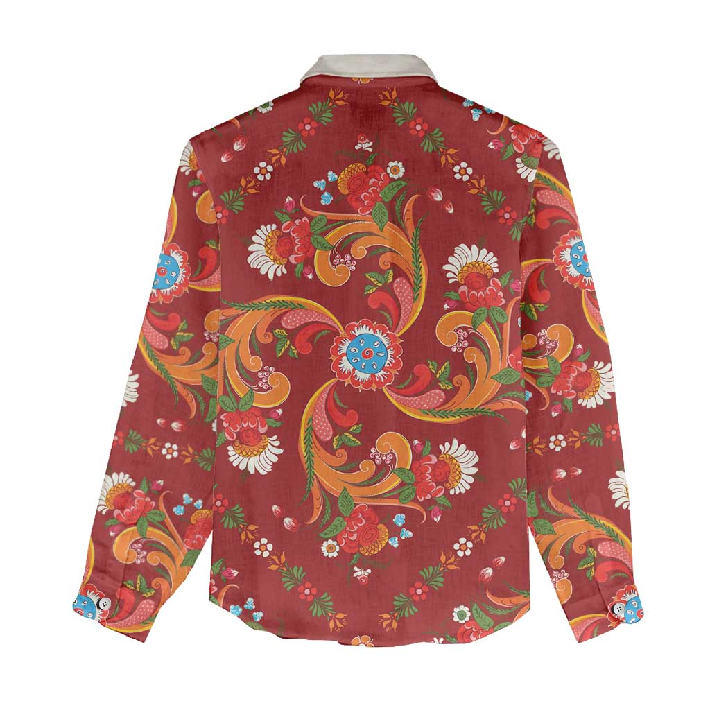 Norwegian Male Bunad Women Casual Shirt with Rosemaling Folk Art Red Color - Wonder Print Shop