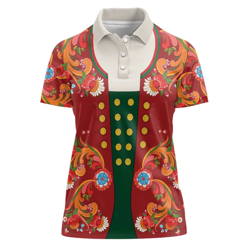 Norwegian Male Bunad Women Polo Shirt with Rosemaling Folk Art Red Color - Wonder Print Shop