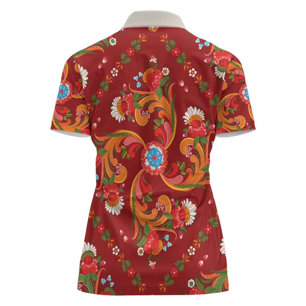 Norwegian Male Bunad Women Polo Shirt with Rosemaling Folk Art Red Color - Wonder Print Shop