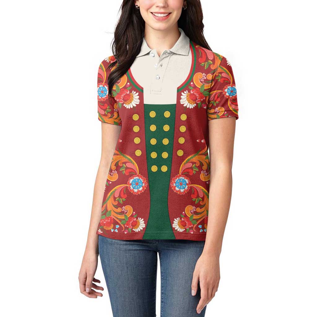Norwegian Male Bunad Women Polo Shirt with Rosemaling Folk Art Red Color - Wonder Print Shop