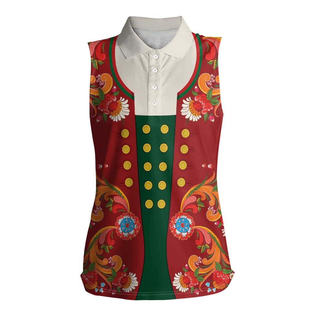 Norwegian Male Bunad Women Sleeveless Polo Shirt with Rosemaling Folk Art Red Color - Wonder Print Shop