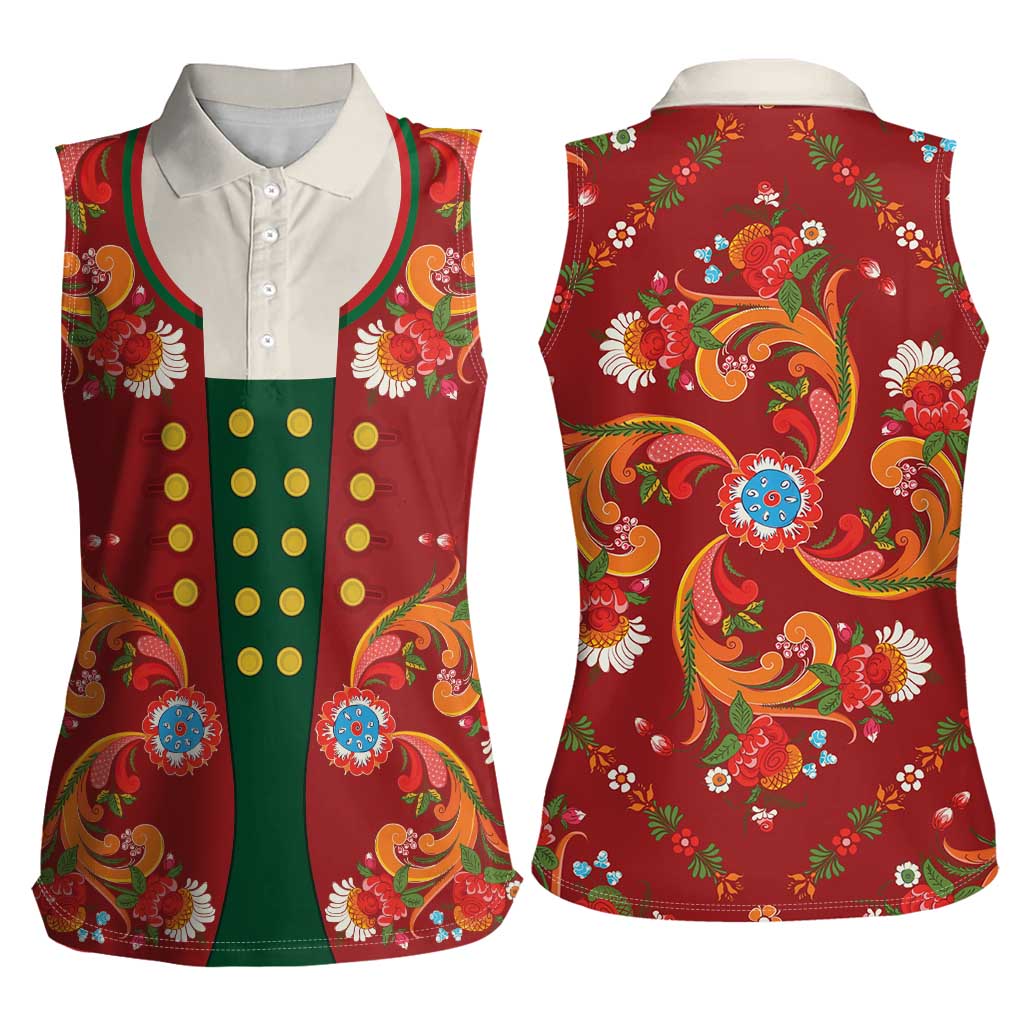 Norwegian Male Bunad Women Sleeveless Polo Shirt with Rosemaling Folk Art Red Color - Wonder Print Shop