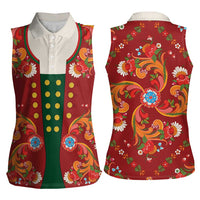 Norwegian Male Bunad Women Sleeveless Polo Shirt with Rosemaling Folk Art Red Color - Wonder Print Shop