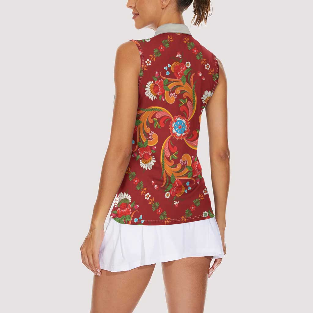 Norwegian Male Bunad Women Sleeveless Polo Shirt with Rosemaling Folk Art Red Color - Wonder Print Shop