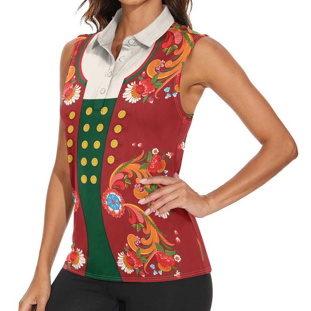 Norwegian Male Bunad Women Sleeveless Polo Shirt with Rosemaling Folk Art Red Color - Wonder Print Shop