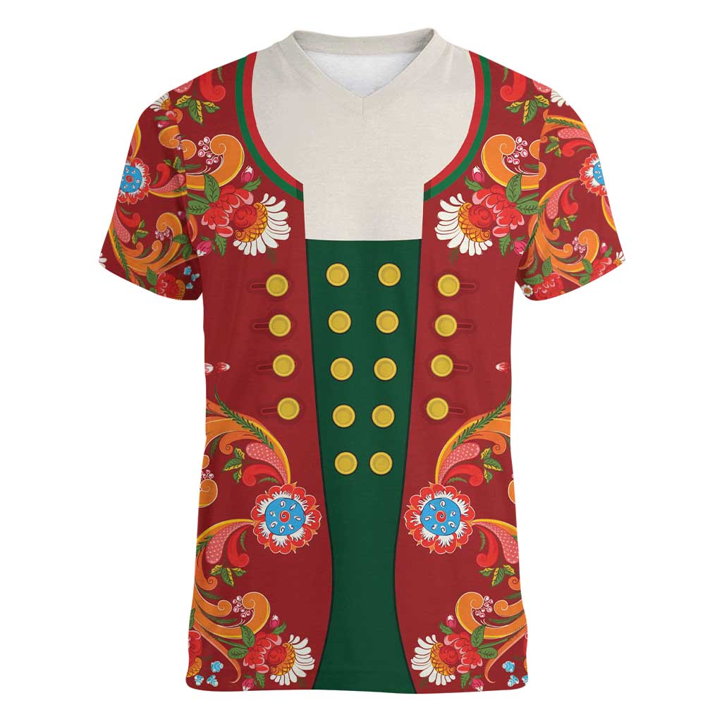 Norwegian Male Bunad Women V-Neck T-Shirt with Rosemaling Folk Art Red Color - Wonder Print Shop