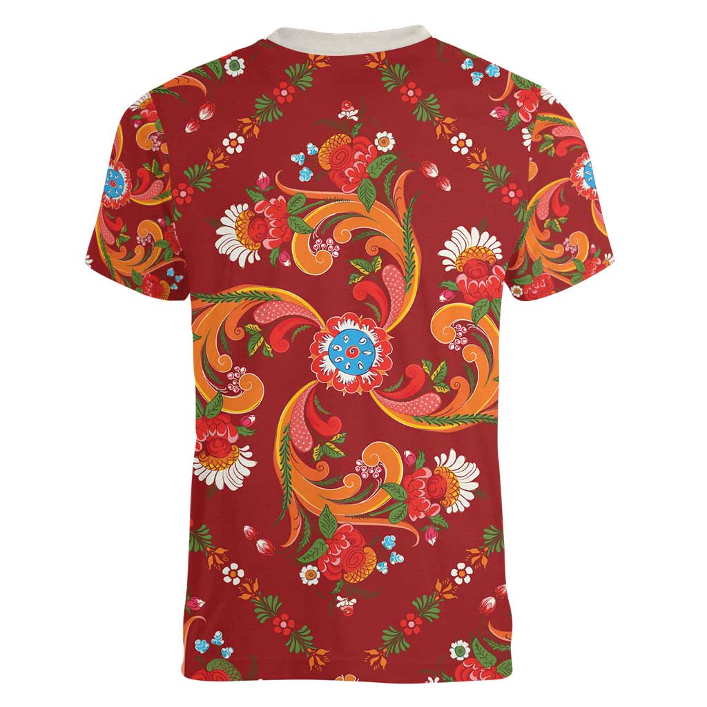 Norwegian Male Bunad Women V-Neck T-Shirt with Rosemaling Folk Art Red Color - Wonder Print Shop