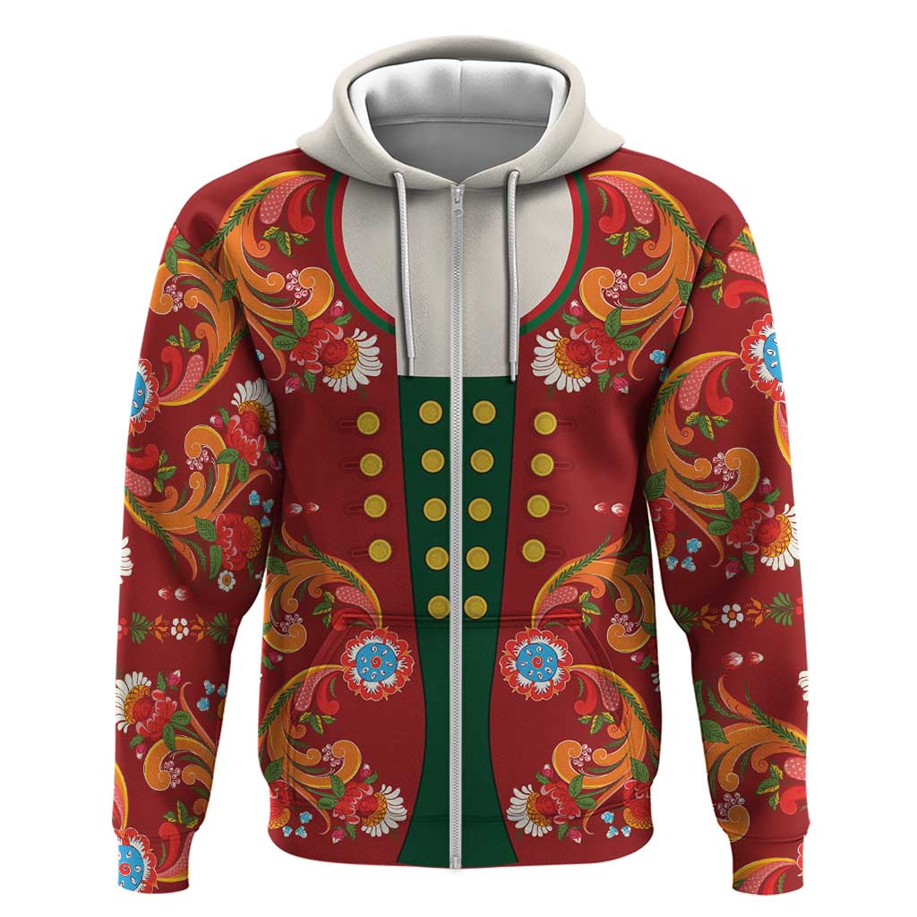 Norwegian Male Bunad Zip Hoodie with Rosemaling Folk Art Red Color - Wonder Print Shop