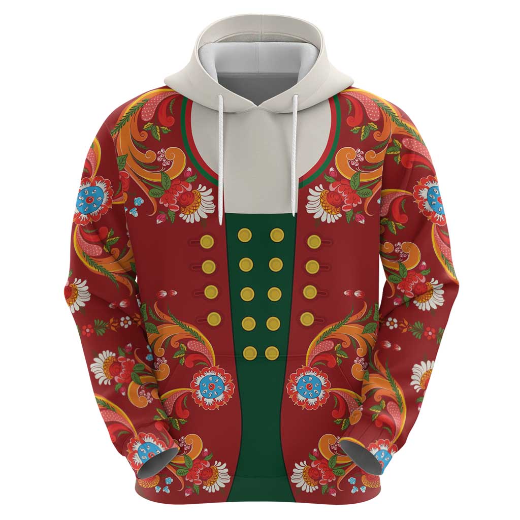 Norwegian Male Bunad Zip Hoodie with Rosemaling Folk Art Red Color - Wonder Print Shop