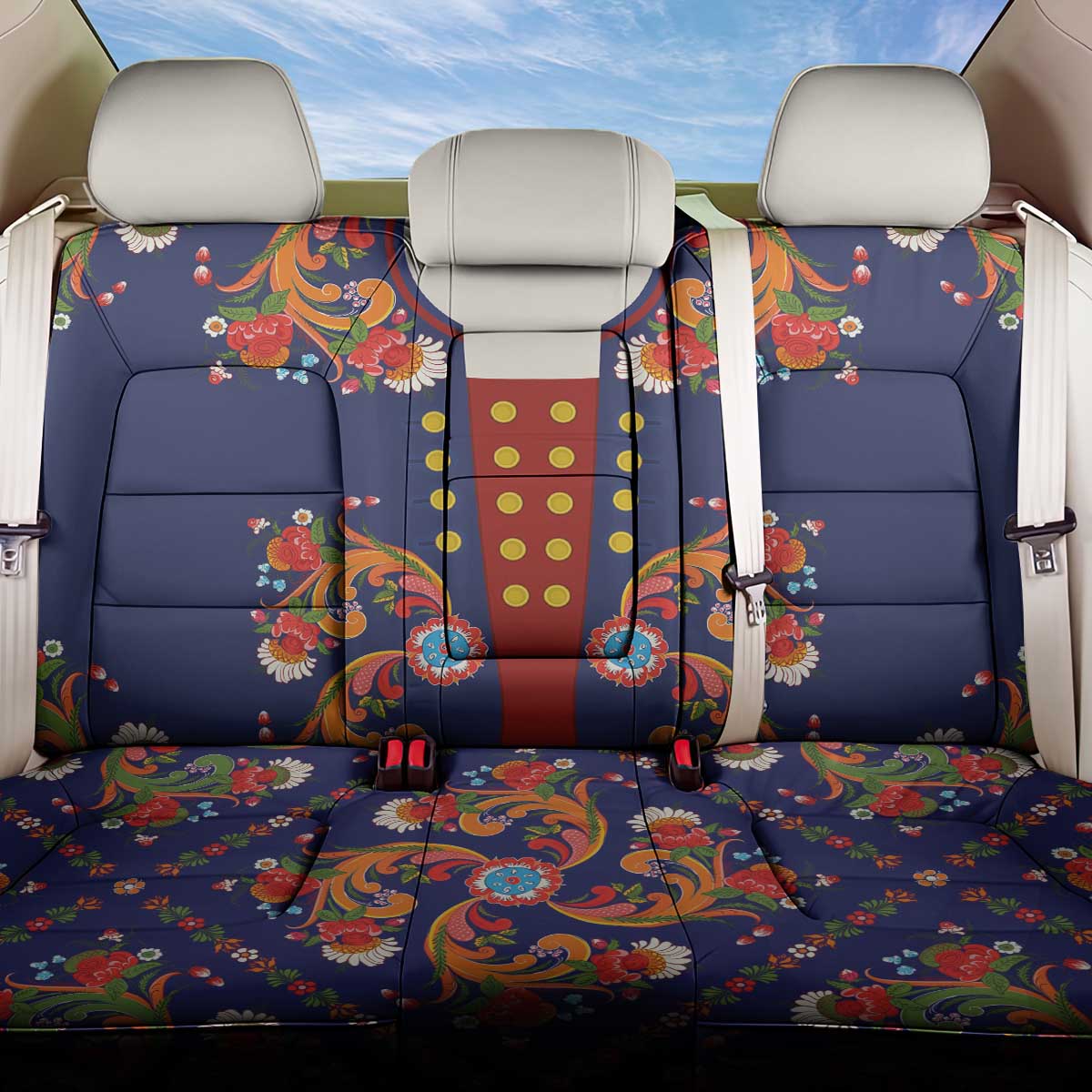 Norwegian Male Bunad Back Car Seat Cover with Rosemaling Folk Art Navy Color - Wonder Print Shop
