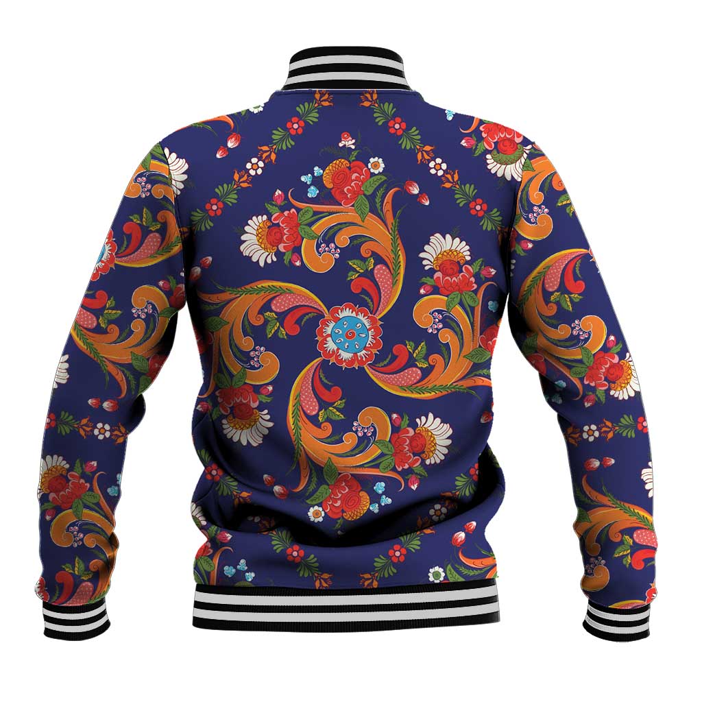 Norwegian Male Bunad Baseball Jacket with Rosemaling Folk Art Navy Color - Wonder Print Shop