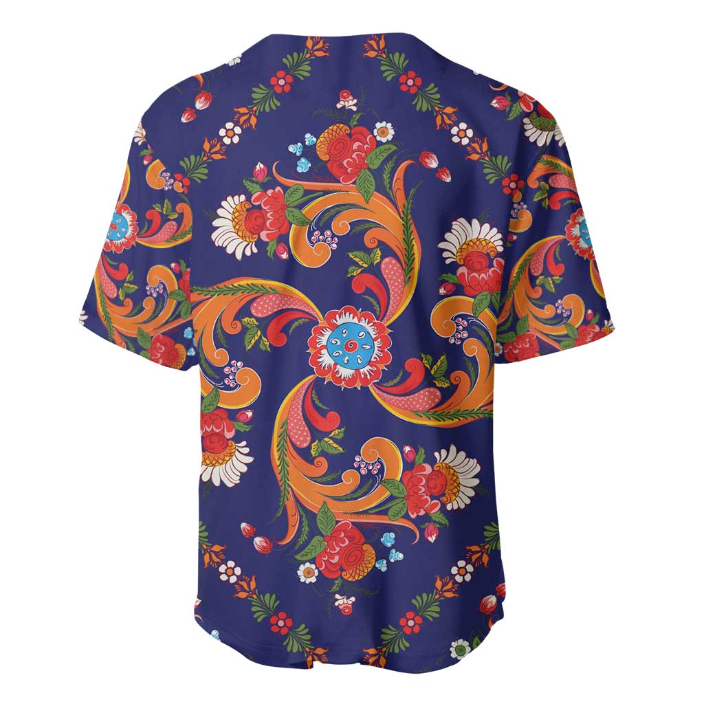 Norwegian Male Bunad Baseball Jersey with Rosemaling Folk Art Navy Color - Wonder Print Shop
