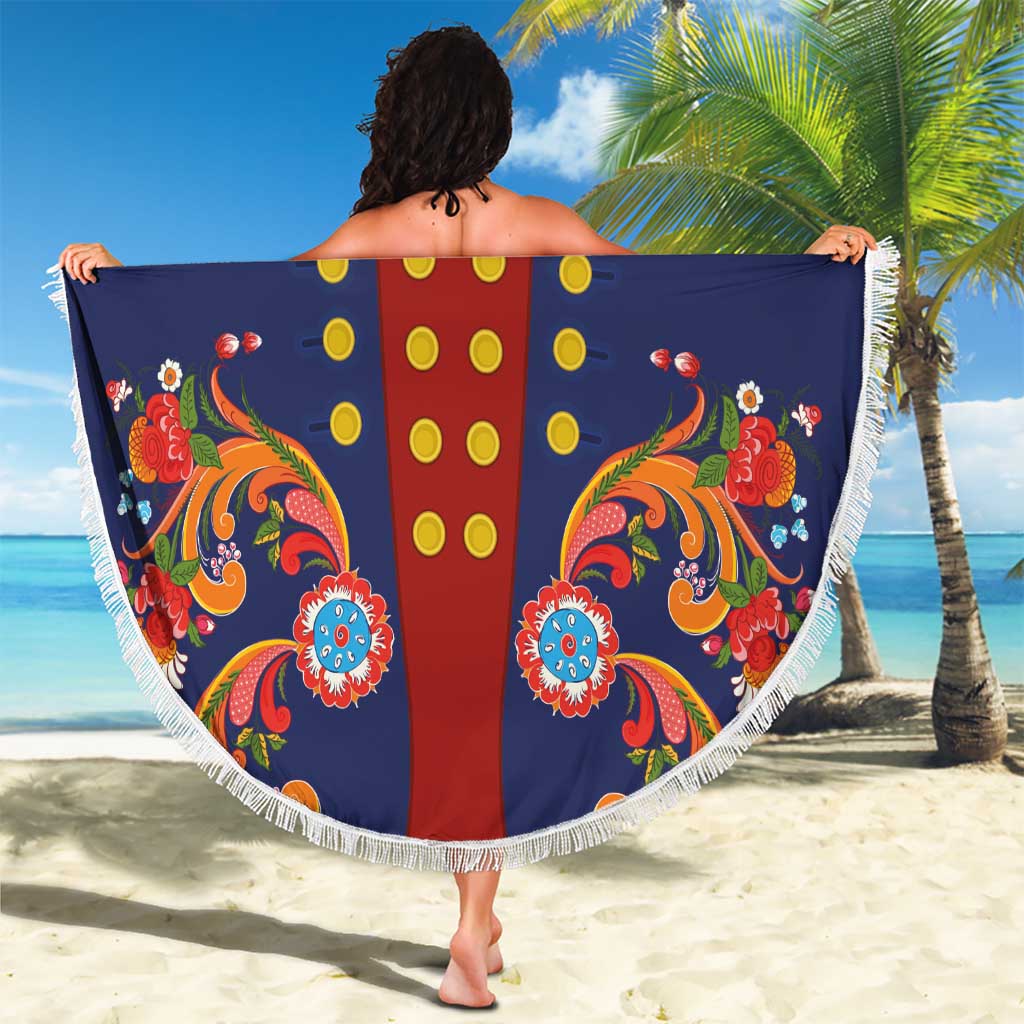 Norwegian Male Bunad Beach Blanket with Rosemaling Folk Art Navy Color - Wonder Print Shop