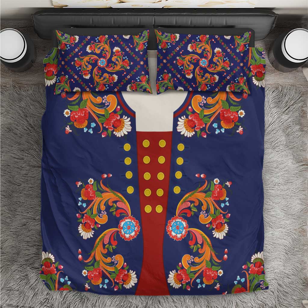 Norwegian Male Bunad Bedding Set with Rosemaling Folk Art Navy Color - Wonder Print Shop