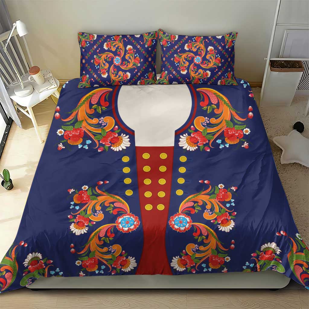 Norwegian Male Bunad Bedding Set with Rosemaling Folk Art Navy Color - Wonder Print Shop