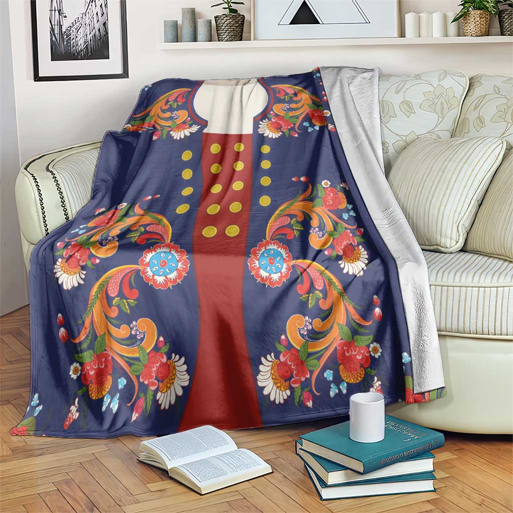 Norwegian Male Bunad Blanket with Rosemaling Folk Art Navy Color - Wonder Print Shop