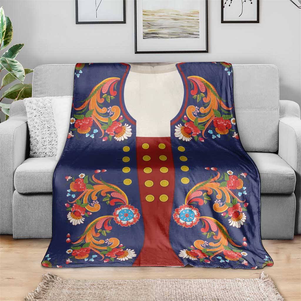 Norwegian Male Bunad Blanket with Rosemaling Folk Art Navy Color - Wonder Print Shop