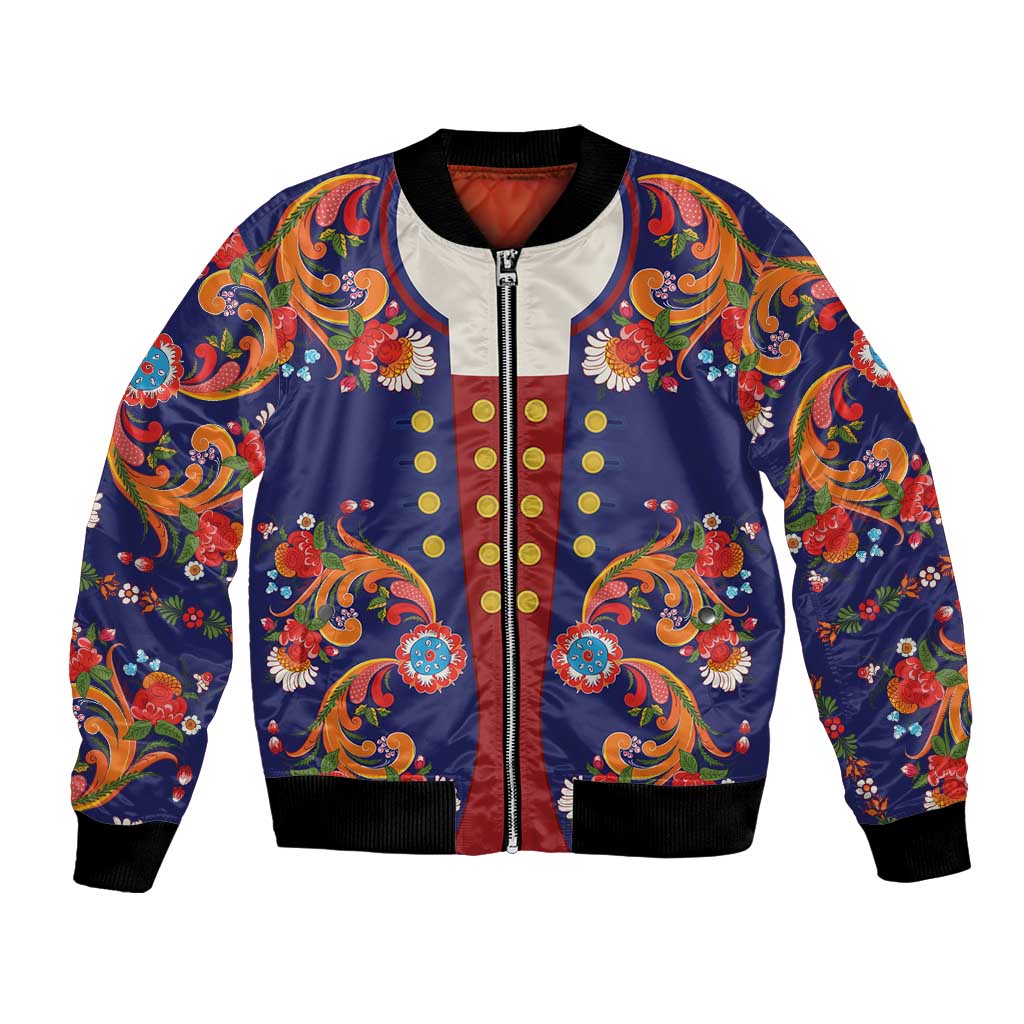 Norwegian Male Bunad Bomber Jacket with Rosemaling Folk Art Navy Color - Wonder Print Shop