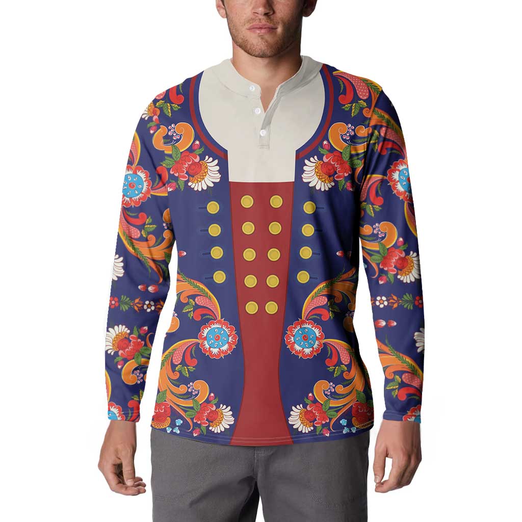 Norwegian Male Bunad Button Sweatshirt with Rosemaling Folk Art Navy Color - Wonder Print Shop