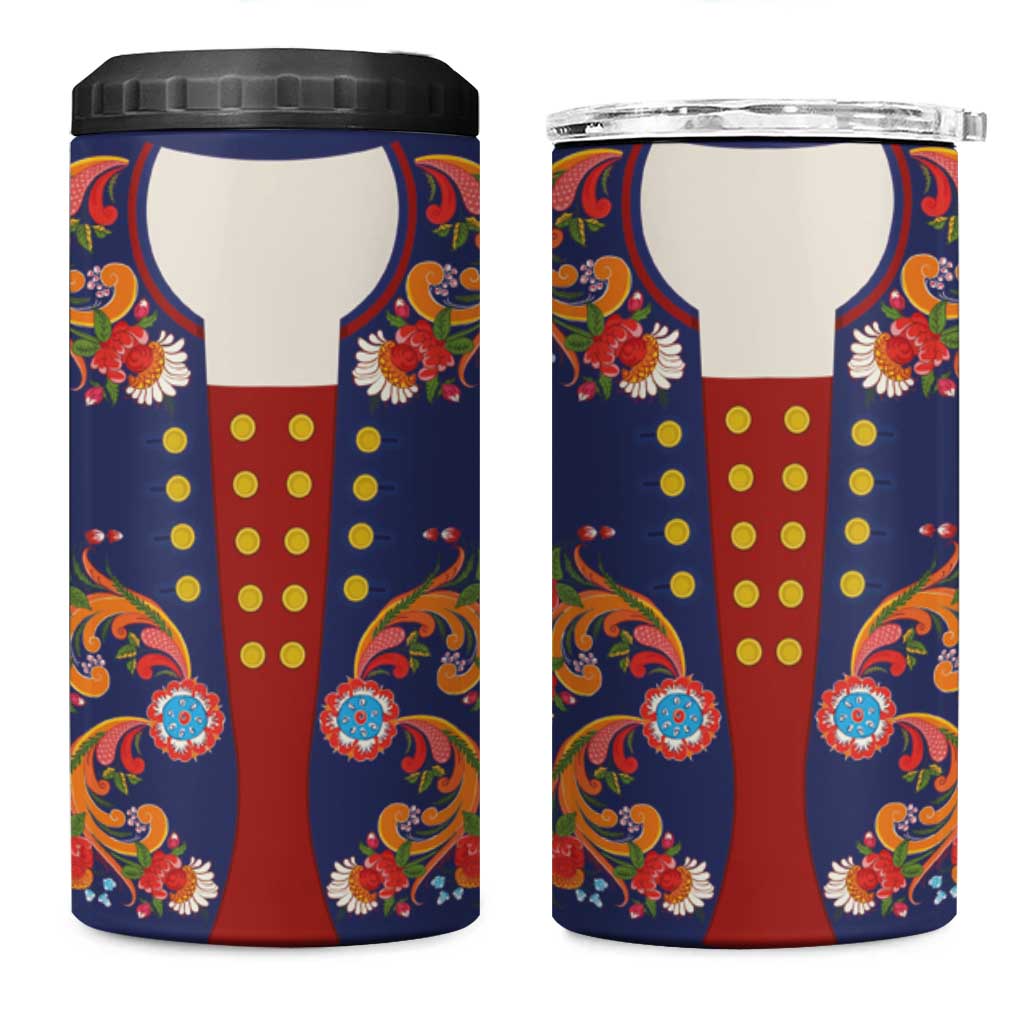 Norwegian Male Bunad 4 in 1 Can Cooler Tumbler with Rosemaling Folk Art Navy Color - Wonder Print Shop