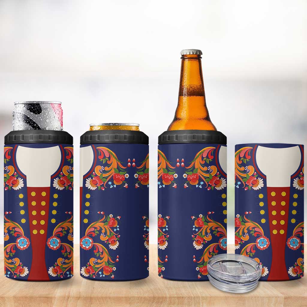 Norwegian Male Bunad 4 in 1 Can Cooler Tumbler with Rosemaling Folk Art Navy Color - Wonder Print Shop