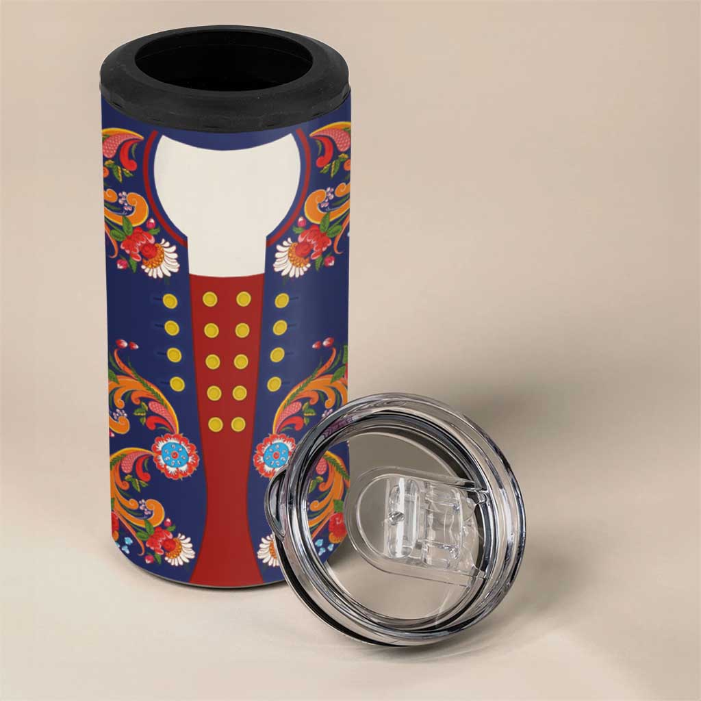 Norwegian Male Bunad 4 in 1 Can Cooler Tumbler with Rosemaling Folk Art Navy Color - Wonder Print Shop
