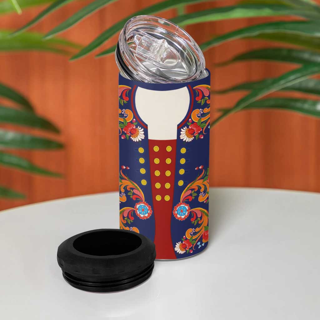 Norwegian Male Bunad 4 in 1 Can Cooler Tumbler with Rosemaling Folk Art Navy Color - Wonder Print Shop