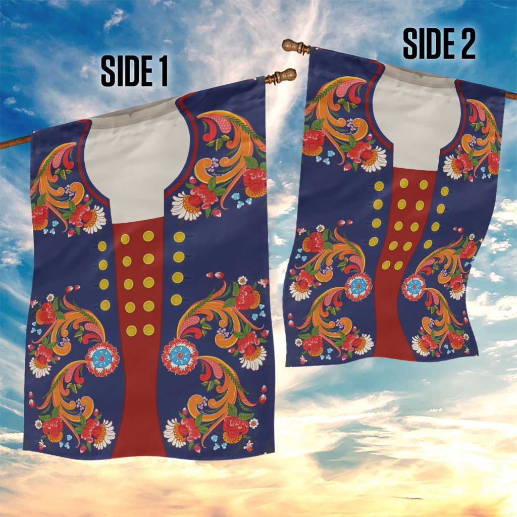 Norwegian Male Bunad Garden Flag with Rosemaling Folk Art Navy Color - Wonder Print Shop