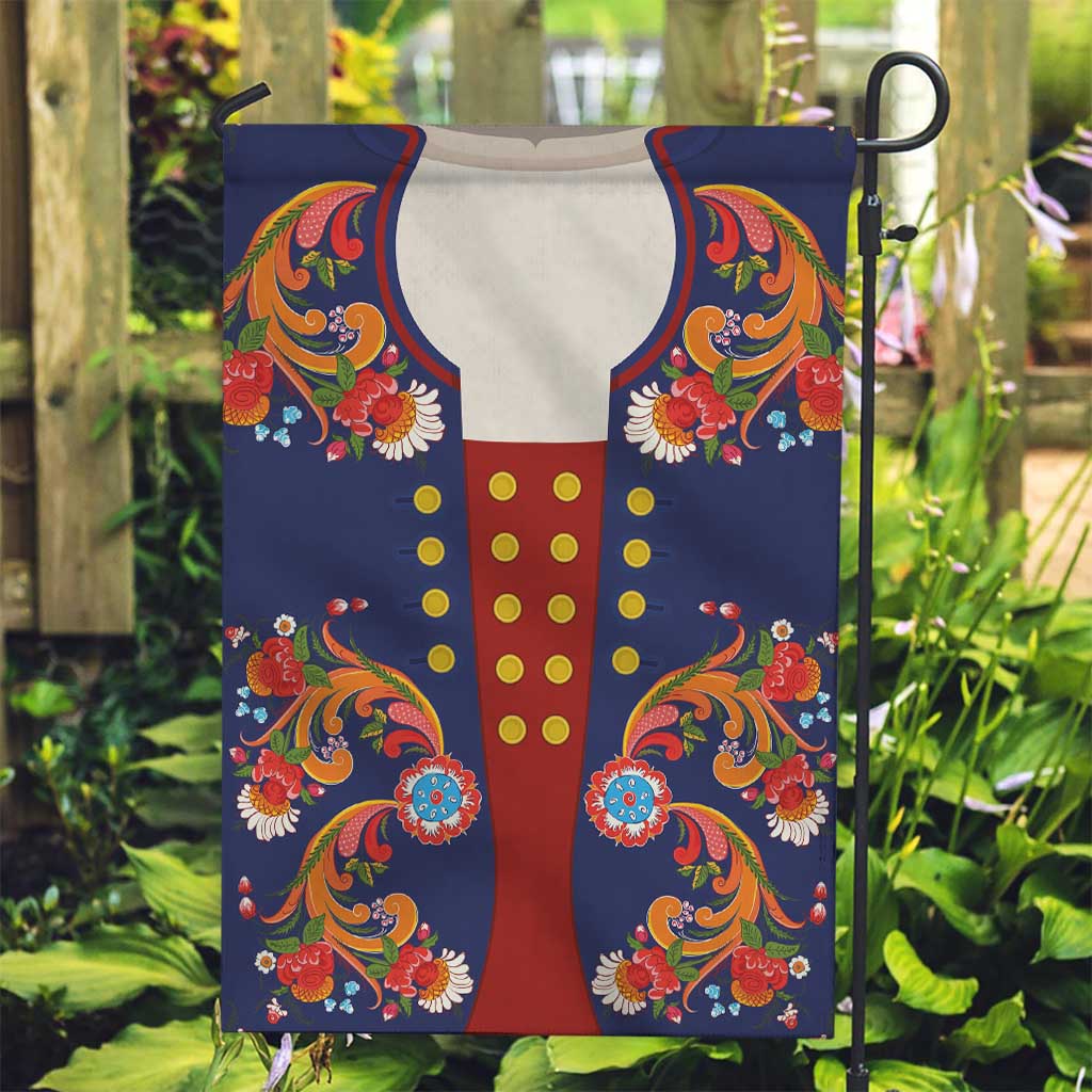Norwegian Male Bunad Garden Flag with Rosemaling Folk Art Navy Color - Wonder Print Shop