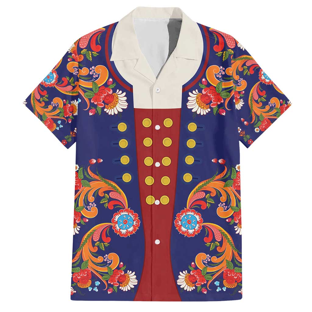 Norwegian Male Bunad Hawaiian Shirt with Rosemaling Folk Art Navy Color - Wonder Print Shop