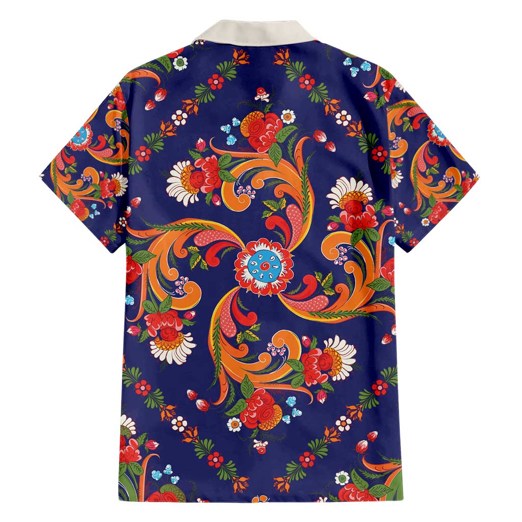 Norwegian Male Bunad Hawaiian Shirt with Rosemaling Folk Art Navy Color - Wonder Print Shop