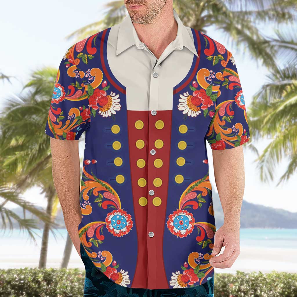 Norwegian Male Bunad Hawaiian Shirt with Rosemaling Folk Art Navy Color - Wonder Print Shop