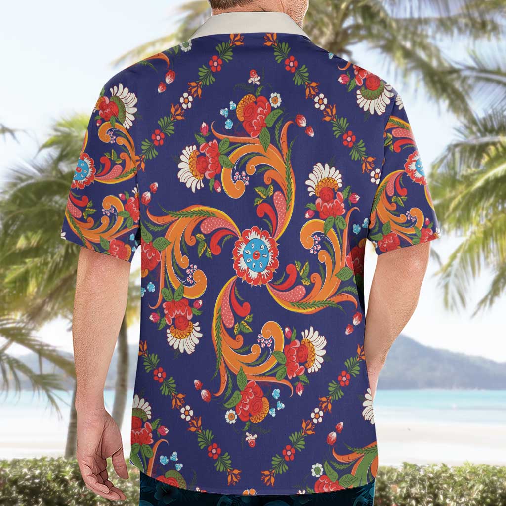 Norwegian Male Bunad Hawaiian Shirt with Rosemaling Folk Art Navy Color - Wonder Print Shop