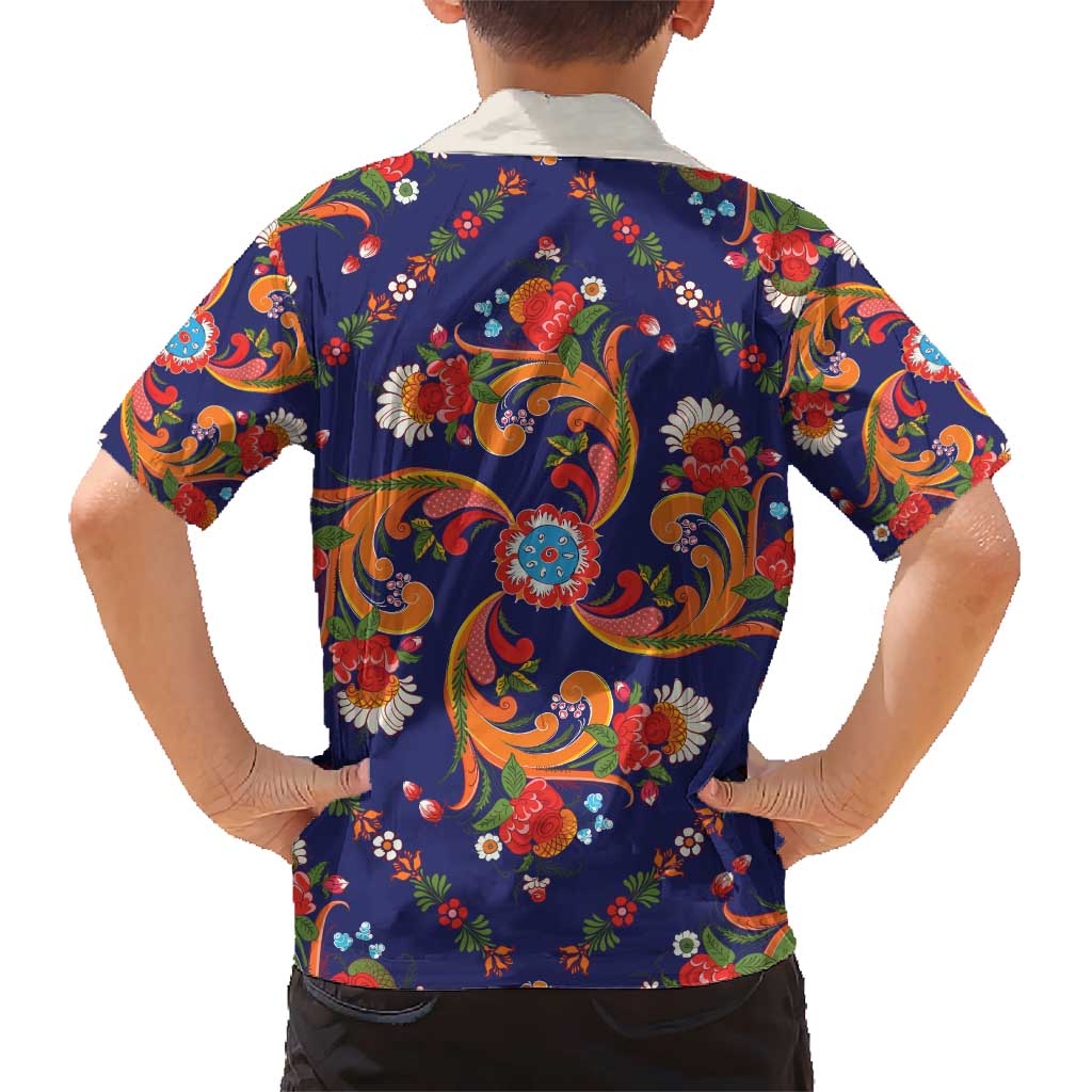 Norwegian Male Bunad Hawaiian Shirt with Rosemaling Folk Art Navy Color - Wonder Print Shop