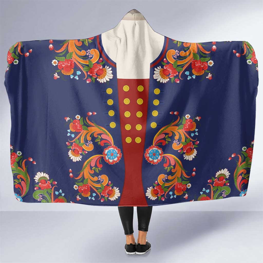 Norwegian Male Bunad Hooded Blanket with Rosemaling Folk Art Navy Color - Wonder Print Shop