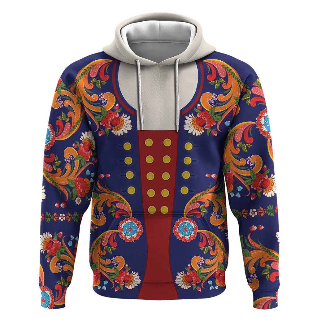 Norwegian Male Bunad Hoodie with Rosemaling Folk Art Navy Color - Wonder Print Shop