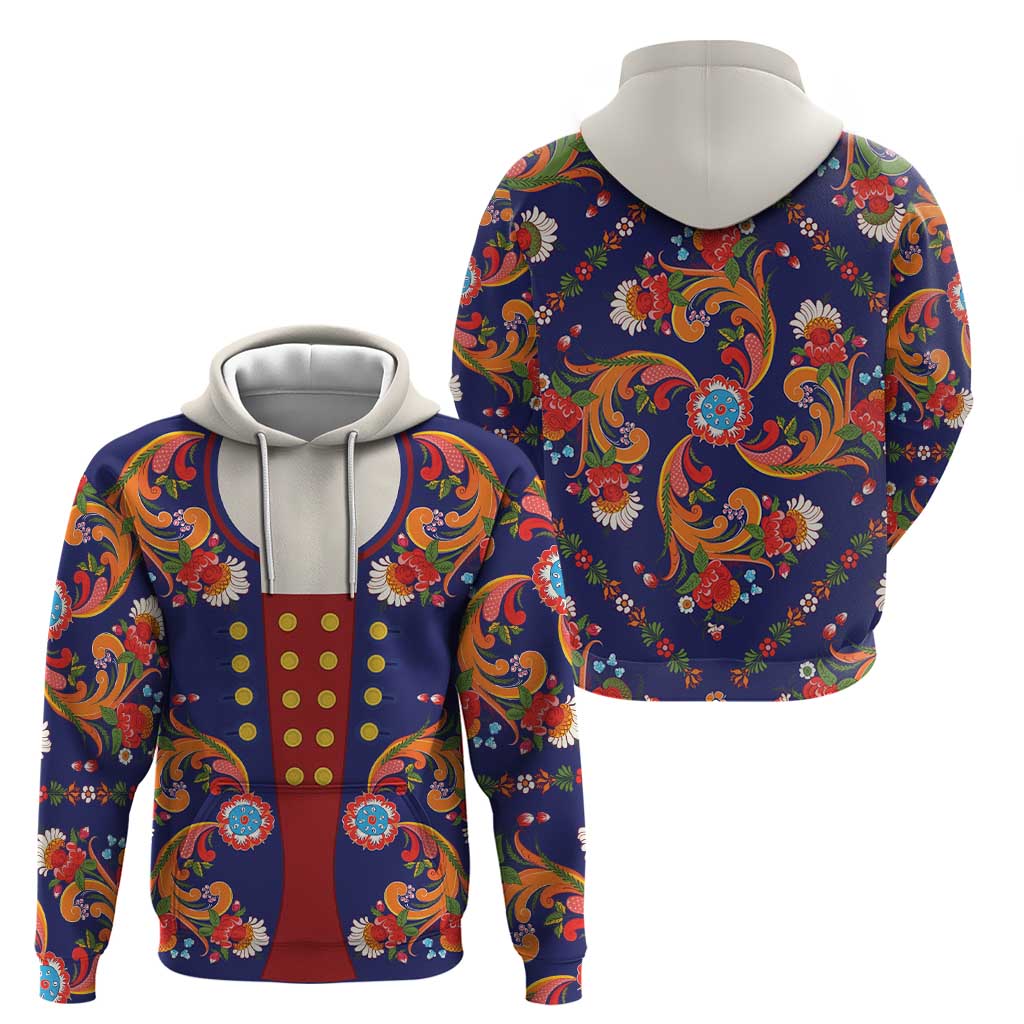 Norwegian Male Bunad Hoodie with Rosemaling Folk Art Navy Color - Wonder Print Shop