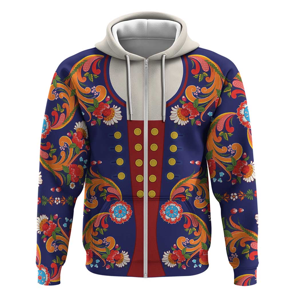 Norwegian Male Bunad Hoodie with Rosemaling Folk Art Navy Color - Wonder Print Shop