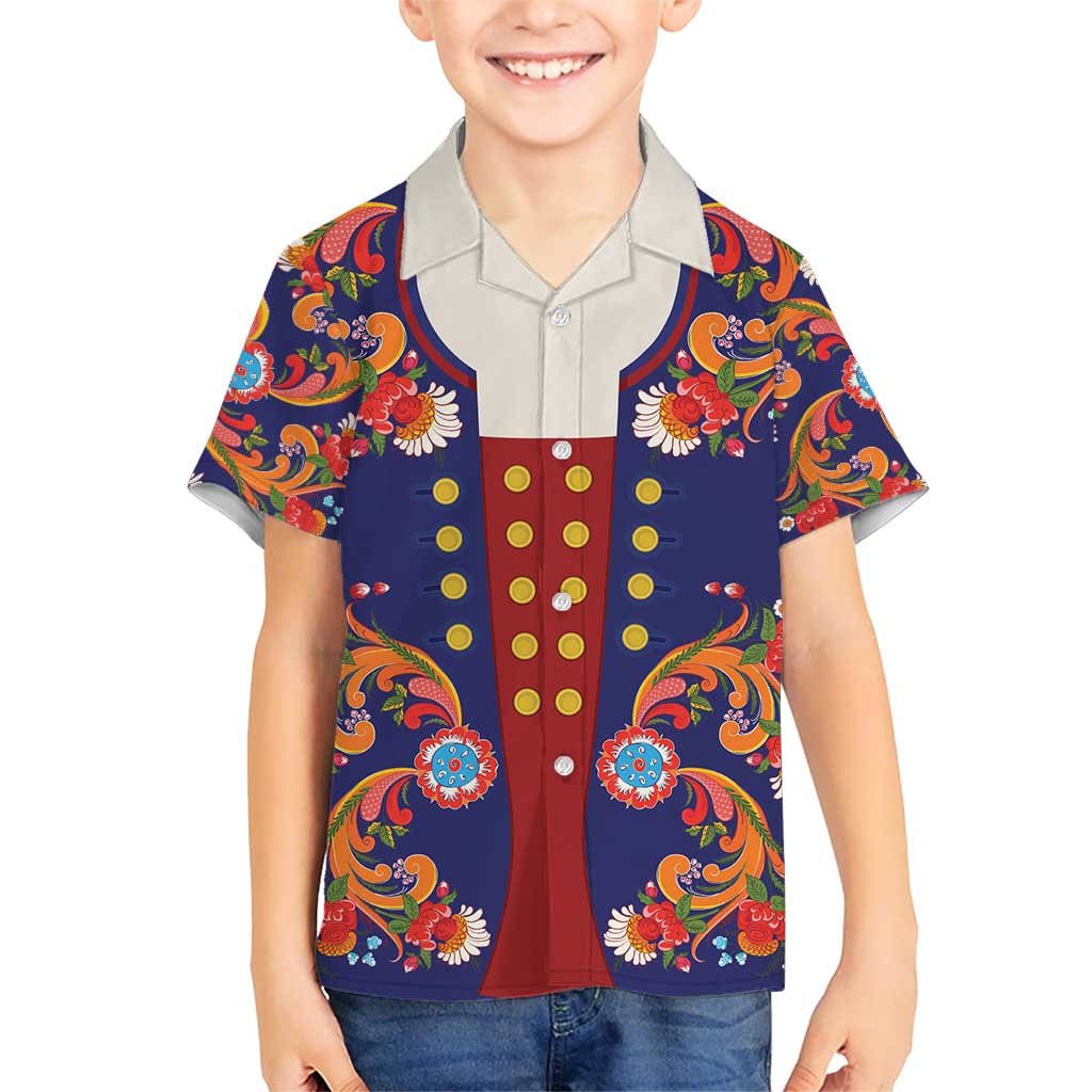 Norwegian Male Bunad Kid Hawaiian Shirt with Rosemaling Folk Art Navy Color - Wonder Print Shop