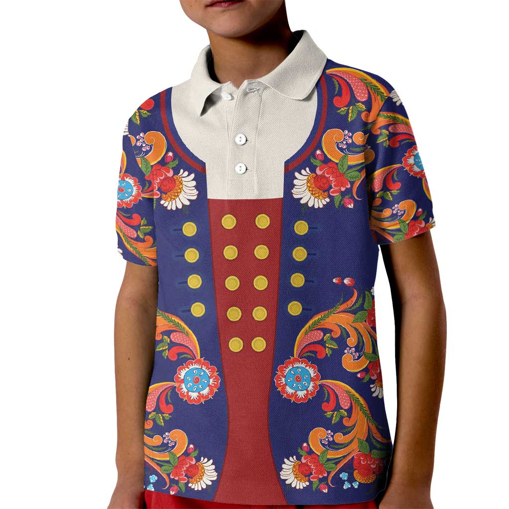 Norwegian Male Bunad Kid Polo Shirt with Rosemaling Folk Art Navy Color - Wonder Print Shop