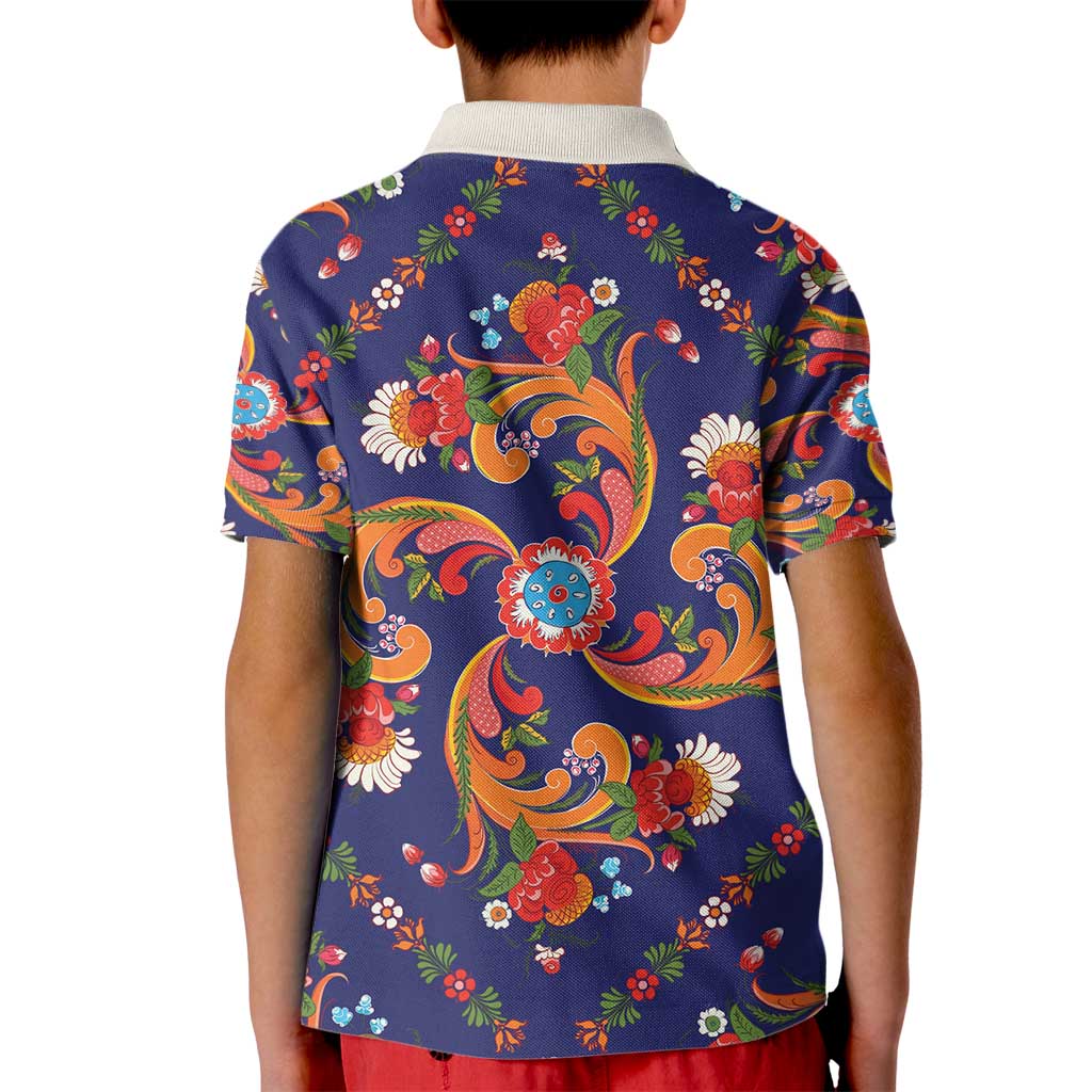 Norwegian Male Bunad Kid Polo Shirt with Rosemaling Folk Art Navy Color - Wonder Print Shop