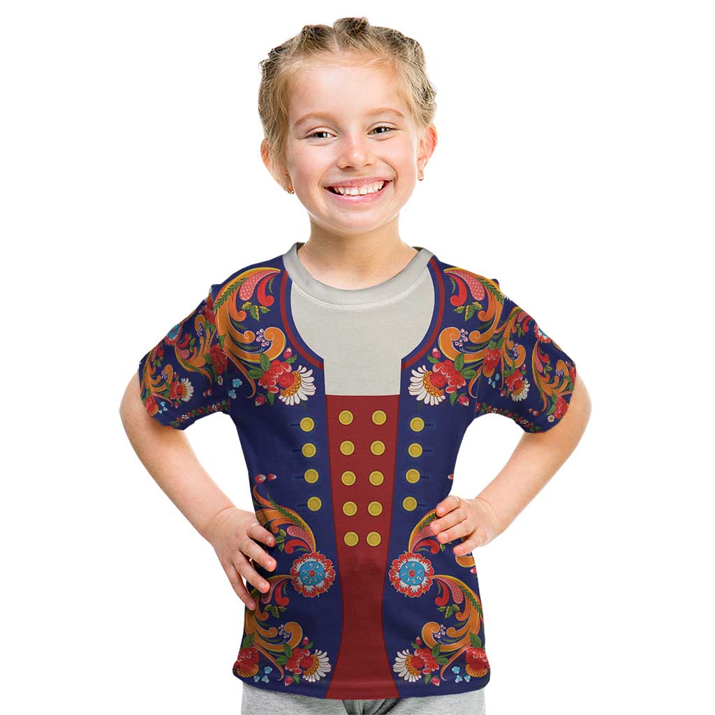 Norwegian Male Bunad Kid T Shirt with Rosemaling Folk Art Navy Color - Wonder Print Shop