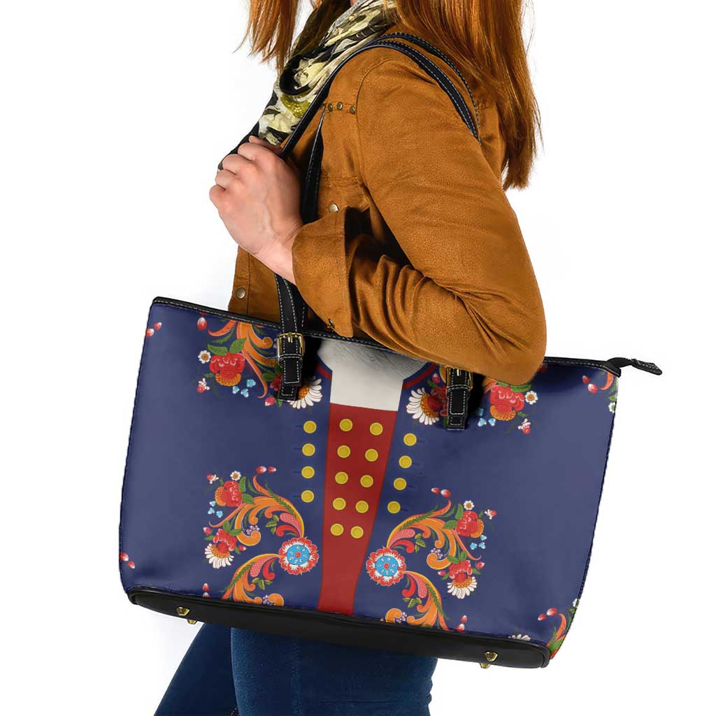 Norwegian Male Bunad Leather Tote Bag with Rosemaling Folk Art Navy Color - Wonder Print Shop